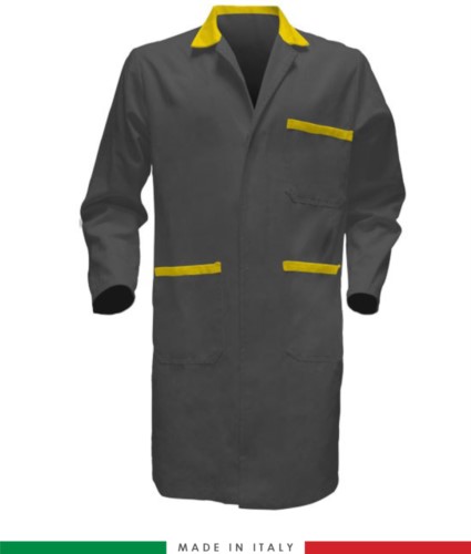 two-tone Grey/Yellow men work gown with covered buttons