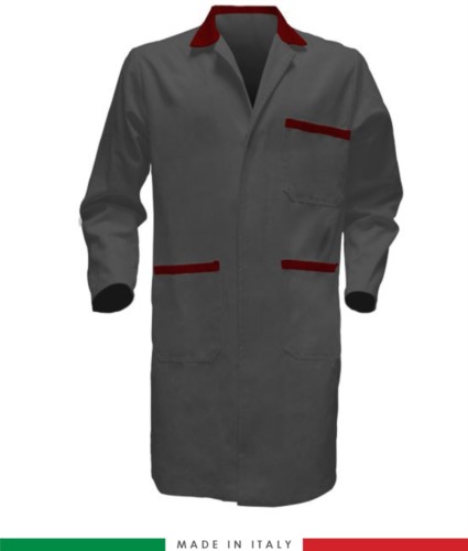 two-tone grey/red men work gown with covered buttons