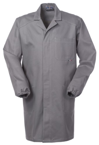 Grey work coat with covered buttons and non-shrink cotton