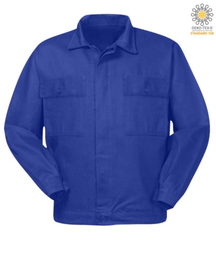 Cotton work jacket with two chest pockets. Colour royal blue