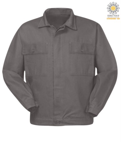 Cotton work jacket with two chest pockets. Colour grey