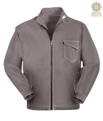 Work jacket with zipper closure. Corea collar with velcro closure, contrasting stitching. Colour grey