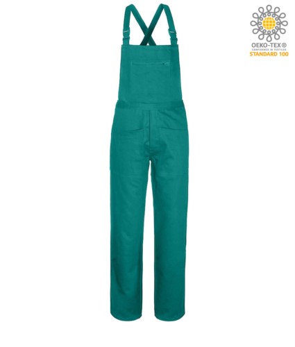 Dungarees, flap closure with covered buttons, multipockets, Color green.
