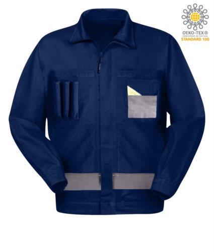 Two-tone multitasche work jacket with Korean collar. navy blue/grey color