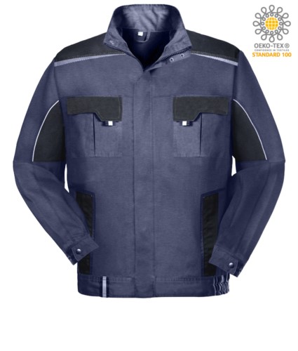 Two-tone multi pocket work jacket with reflective piping on shoulders and sleeves. Colour blue/black