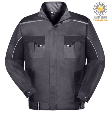 Two-tone multi pocket work jacket with reflective piping on shoulders and sleeves. Colour grey/black