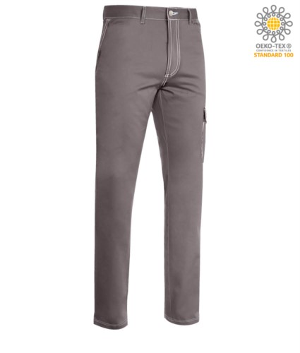Multi pocket work trousers with contrast stitching. Colour grey