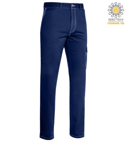 Multi pocket work trousers with contrast stitching. Colour blue 