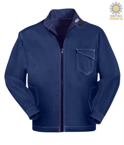 Work jacket with zipper closure. Corea collar with velcro closure, contrasting stitching. Colour Blue 

