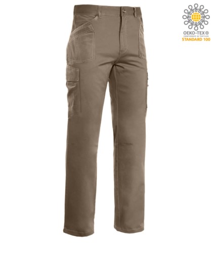 Multi pocket work trousers, contrast stitching 100% Cotton, color beige