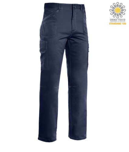 Multi pocket work trousers, contrast stitching 100% Cotton, color blue 