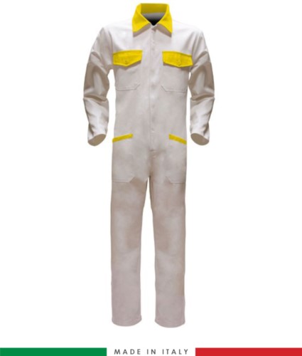 Two-tone ful jumpsuit , shirt collar, central covered zip, elasticated wais. Possibility of personalized production. Made in Italy. Color white/yellow