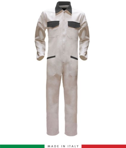 Two-tone ful jumpsuit , shirt collar, central covered zip, elasticated wais. Possibility of personalized production. Made in Italy. Color white/grey