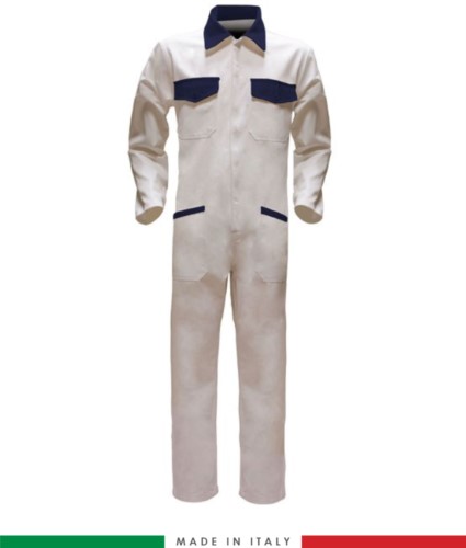 Two-tone ful jumpsuit , shirt collar, central covered zip, elasticated wais. Possibility of personalized production. Made in Italy. Color white/navy blue
