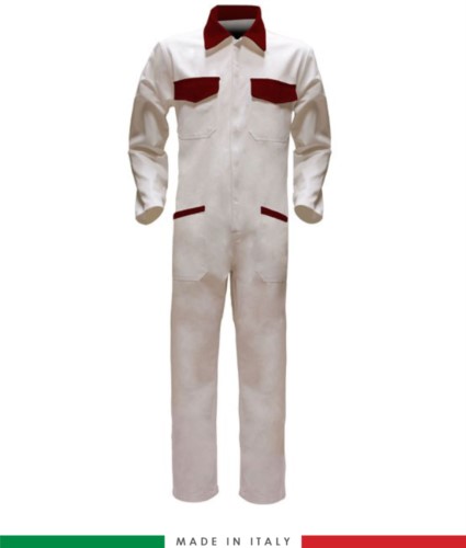 Two-tone ful jumpsuit , shirt collar, central covered zip, elasticated wais. Possibility of personalized production. Made in Italy. Color white/red