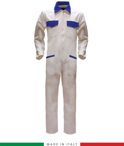 Two-tone ful jumpsuit , shirt collar, central covered zip, elasticated wais. Possibility of personalized production. Made in Italy. Color white/royal blue