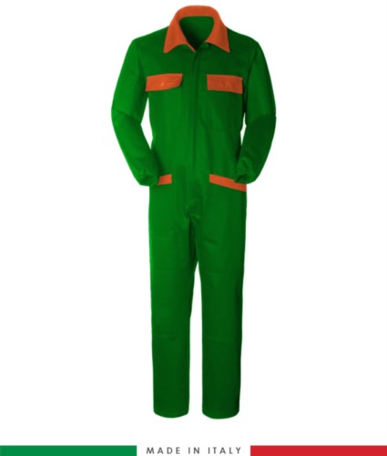 Two-tone ful jumpsuit , shirt collar, central covered zip, elasticated wais. Possibility of personalized production. Made in Italy. Color bright green/orange