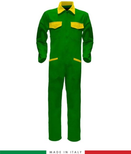 Two-tone ful jumpsuit , shirt collar, central covered zip, elasticated wais. Possibility of personalized production. Made in Italy. Color bright green/yellow