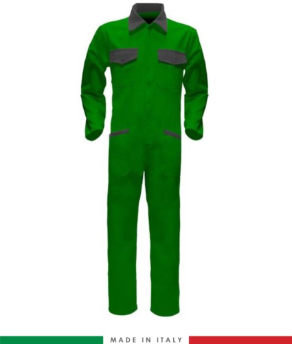 Two-tone ful jumpsuit , shirt collar, central covered zip, elasticated wais. Possibility of personalized production. Made in Italy. Color bright green/grey