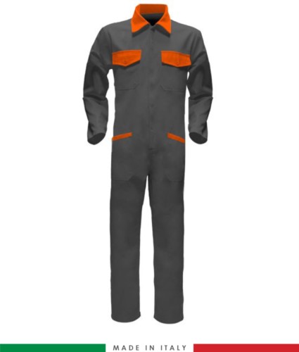 Two-tone ful jumpsuit , shirt collar, central covered zip, elasticated wais. Possibility of personalized production. Made in Italy. Color grey/orange