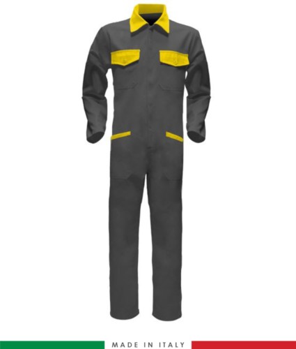 Two-tone ful jumpsuit , shirt collar, central covered zip, elasticated wais. Possibility of personalized production. Made in Italy. Color grey/yellow