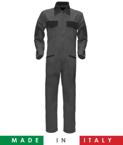 Two-tone ful jumpsuit , shirt collar, central covered zip, elasticated wais. Possibility of personalized production. Made in Italy. Color grey/black