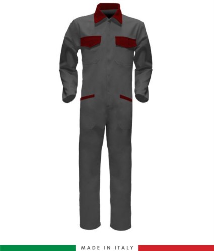Two-tone ful jumpsuit , shirt collar, central covered zip, elasticated wais. Possibility of personalized production. Made in Italy. Color grey /red