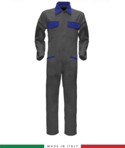 Two-tone ful jumpsuit , shirt collar, central covered zip, elasticated wais. Possibility of personalized production. Made in Italy. Color grey/royal blue
