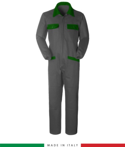 Two-tone ful jumpsuit , shirt collar, central covered zip, elasticated wais. Possibility of personalized production. Made in Italy. Color grey/bright green