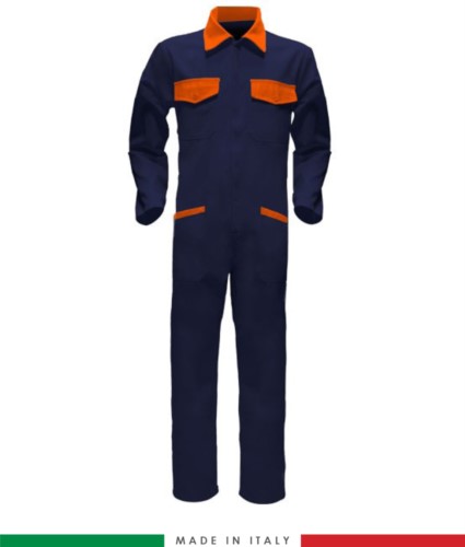 Two-tone ful jumpsuit , shirt collar, central covered zip, elasticated wais. Possibility of personalized production. Made in Italy. Color navy blue/orange