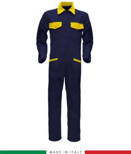 Two-tone ful jumpsuit , shirt collar, central covered zip, elasticated wais. Possibility of personalized production. Made in Italy. Color navy blue/ yellow 