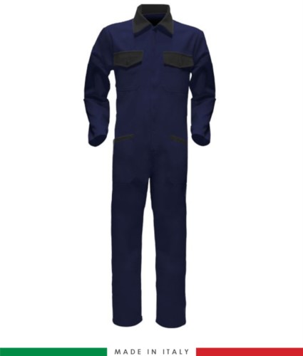 Two-tone ful jumpsuit , shirt collar, central covered zip, elasticated wais. Possibility of personalized production. Made in Italy. Color navy blue/black
