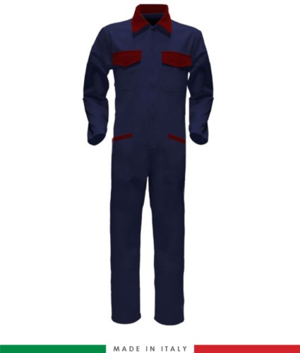 Two-tone ful jumpsuit , shirt collar, central covered zip, elasticated wais. Possibility of personalized production. Made in Italy. Color navy blue / black