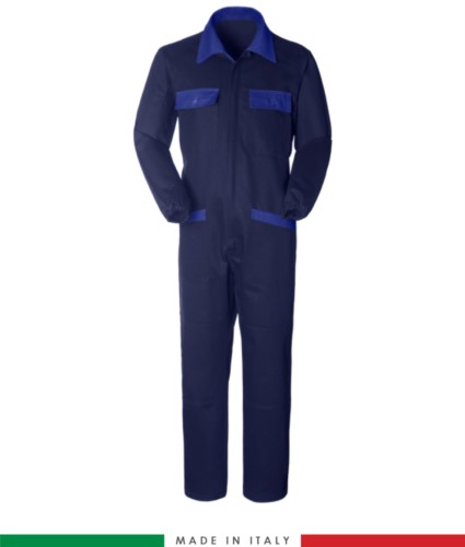 Two-tone ful jumpsuit , shirt collar, central covered zip, elasticated wais. Possibility of personalized production. Made in Italy. Color navy blue/royal blue
