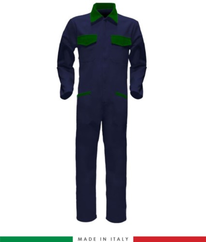Two-tone ful jumpsuit , shirt collar, central covered zip, elasticated wais. Possibility of personalized production. Made in Italy. Color navy blue/ bottle green