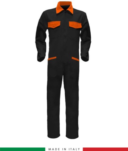 Two-tone ful jumpsuit , shirt collar, central covered zip, elasticated wais. Possibility of personalized production. Made in Italy. Color black/orange
