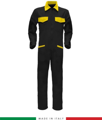 Two-tone ful jumpsuit , shirt collar, central covered zip, elasticated wais. Possibility of personalized production. Made in Italy. Color black/yellow