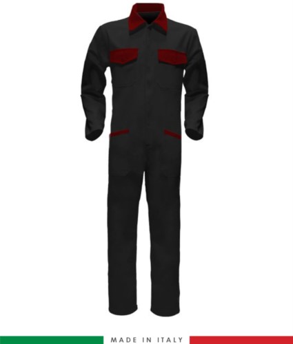 Two-tone ful jumpsuit , shirt collar, central covered zip, elasticated wais. Possibility of personalized production. Made in Italy. Color black/red