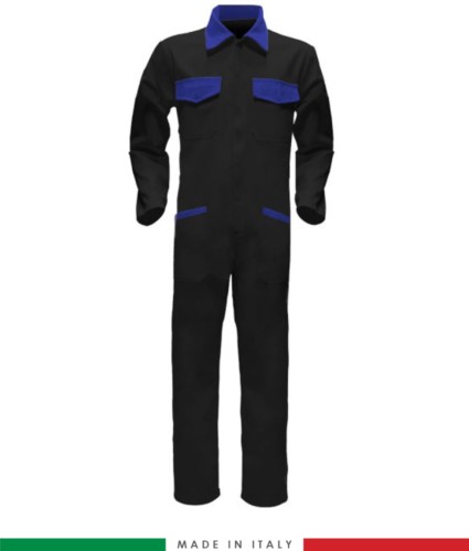 Two-tone ful jumpsuit , shirt collar, central covered zip, elasticated wais. Possibility of personalized production. Made in Italy. Color black/royal blue