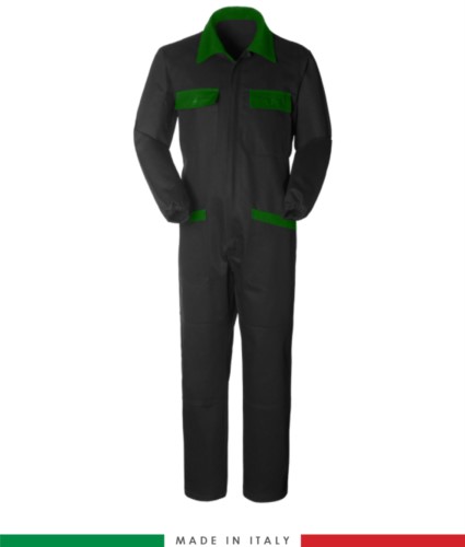 Two-tone ful jumpsuit , shirt collar, central covered zip, elasticated wais. Possibility of personalized production. Made in Italy. Color black/green