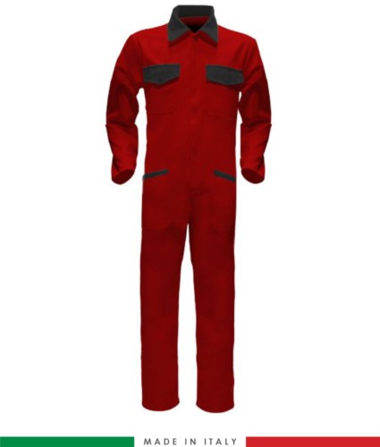 Two-tone ful jumpsuit , shirt collar, central covered zip, elasticated wais. Possibility of personalized production. Made in Italy. Color red/black