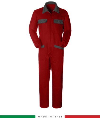 Two-tone ful jumpsuit , shirt collar, central covered zip, elasticated wais. Possibility of personalized production. Made in Italy. Color red/grey