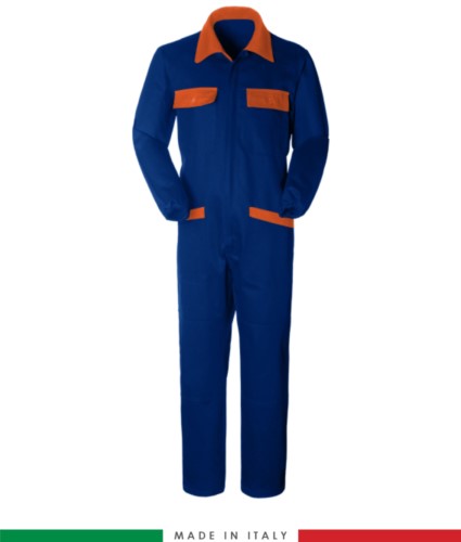 Two-tone ful jumpsuit , shirt collar, central covered zip, elasticated wais. Possibility of personalized production. Made in Italy. Color royal blue /orange