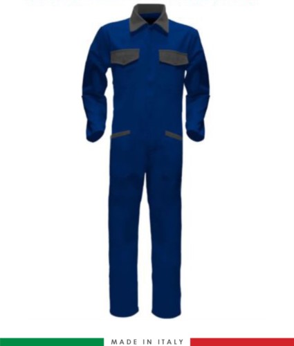 Two-tone ful jumpsuit , shirt collar, central covered zip, elasticated wais. Possibility of personalized production. Made in Italy. Color royal blue/grey