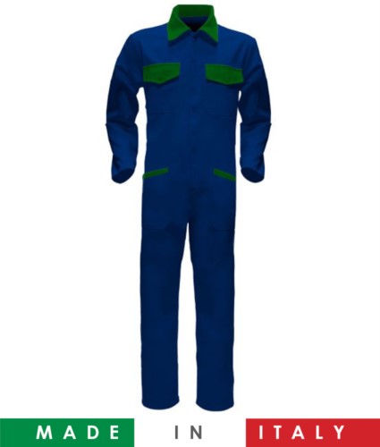 Two-tone ful jumpsuit , shirt collar, central covered zip, elasticated wais. Possibility of personalized production. Made in Italy. Color royal blue / bright green