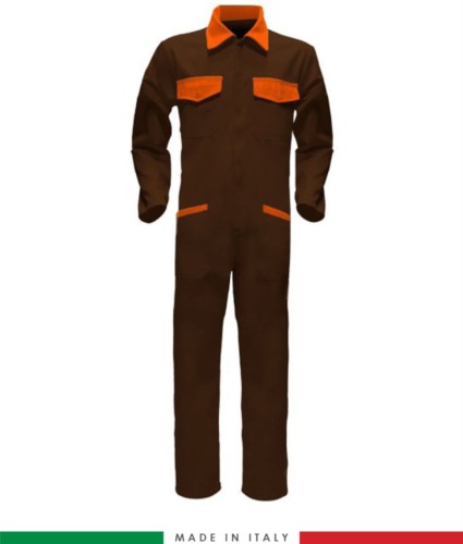 Two-tone ful jumpsuit , shirt collar, central covered zip, elasticated wais. Possibility of personalized production. Made in Italy. Color Brown/orange