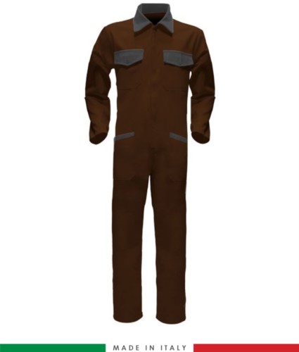 Two-tone ful jumpsuit , shirt collar, central covered zip, elasticated wais. Possibility of personalized production. Made in Italy. Color brown/grey