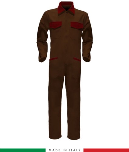 Two-tone ful jumpsuit , shirt collar, central covered zip, elasticated wais. Possibility of personalized production. Made in Italy. Color brown/red
