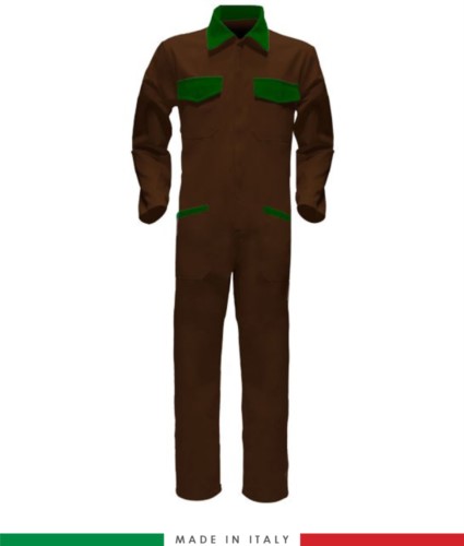 Two-tone ful jumpsuit , shirt collar, central covered zip, elasticated wais. Possibility of personalized production. Made in Italy. Color brown/bottle green