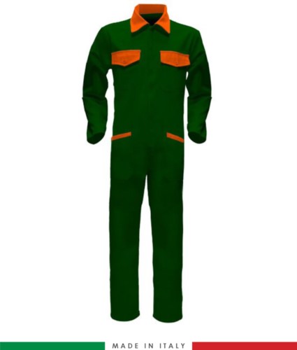 Two-tone ful jumpsuit , shirt collar, central covered zip, elasticated wais. Possibility of personalized production. Made in Italy. Color bottle green /orange